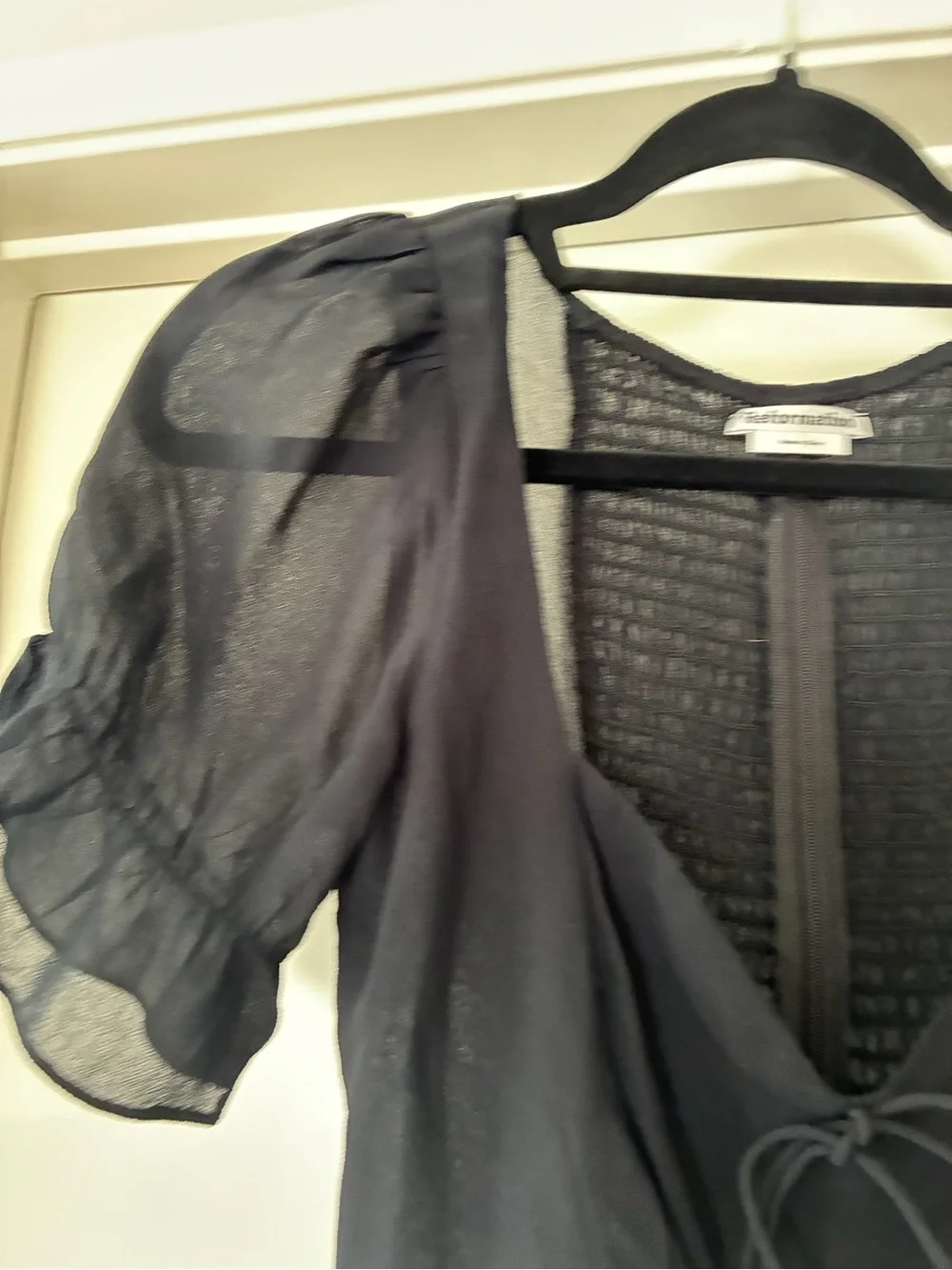 Reformation Black Sheer Puff-Sleeve Tie-Front Blouse